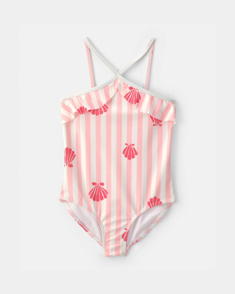 Girls 1-Piece Shell Striped Swimsuit - Pink, image 1 of 4 slides