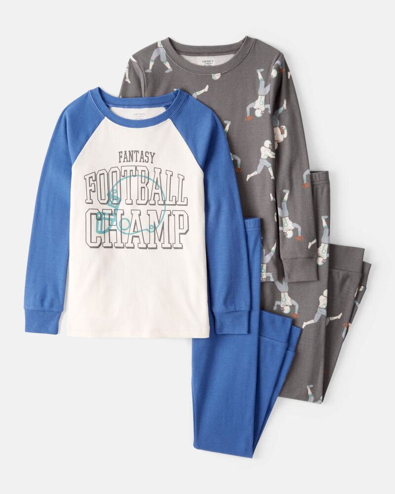 Boys Football Print 100% Cotton Long-Sleeve 4-Piece Pajamas - White/Blue, image 1 of 4 slides