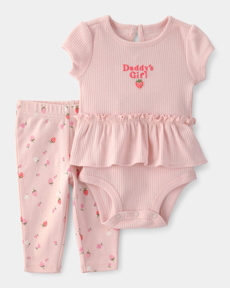 Baby Girl 'Daddy's Girl' Strawberry Short Sleeve Bodysuit & Pant Set - Pink, image 1 of 5 slides