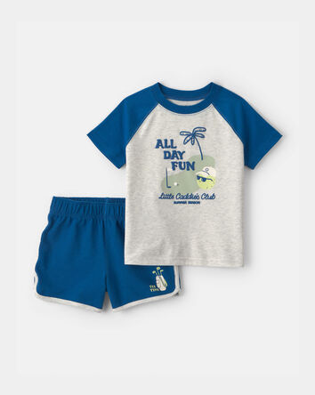 Toddler Boy 2-Piece 'All Day Fun' Golf Top & Short Set - Grey/Blue, 