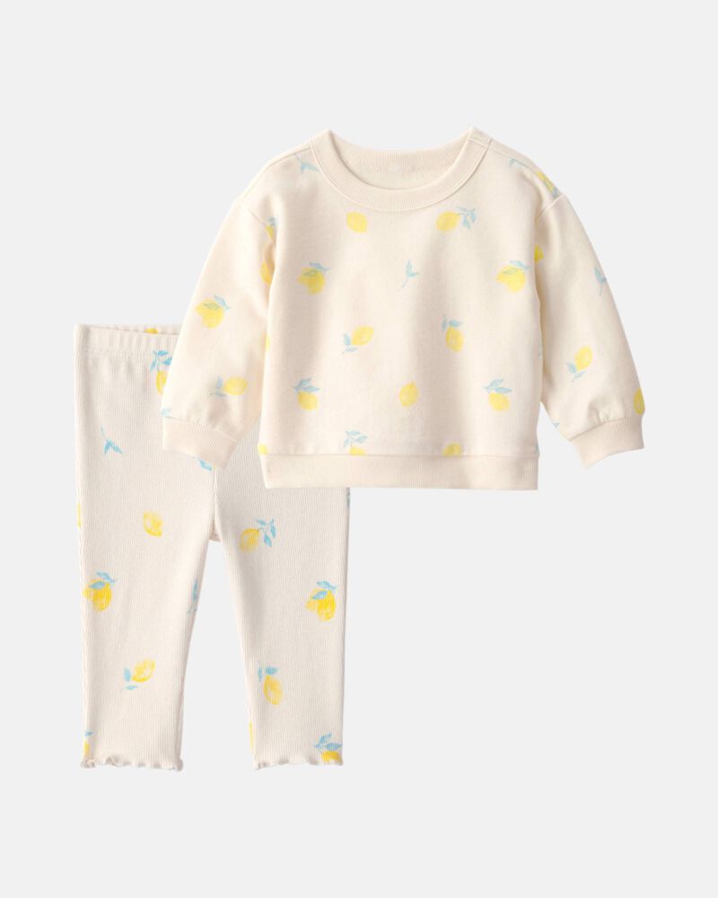 Baby Girl 2-Piece Lemon French Terry Pullover & Pant Set - Ivory, image 1 of 7 slides