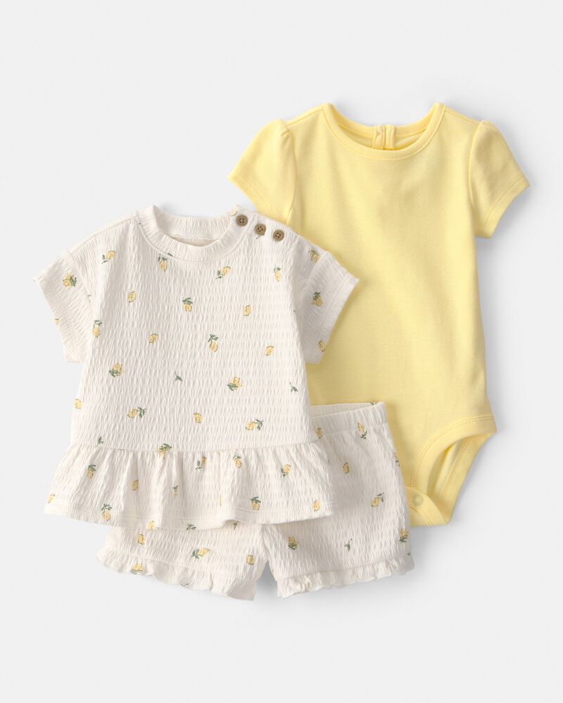 Baby Girl 3-Piece Lemon Top, Bodysuit & Short Set - Yellow/Ivory, image 1 of 4 slides