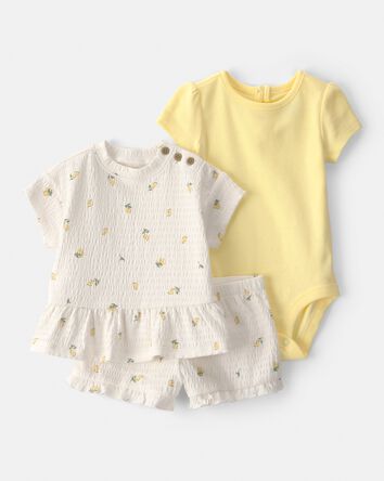 Baby Girl 3-Piece Lemon Top, Bodysuit & Short Set - Yellow/Ivory, 