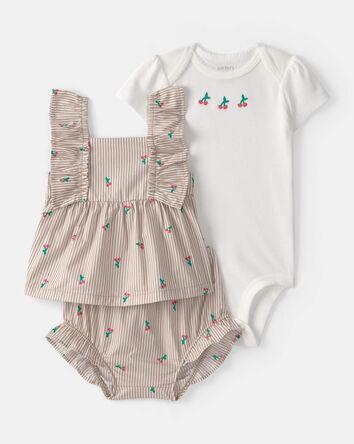 Baby Girl 3-Piece Cherry Striped Outfit Set - Beige/White, 