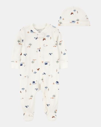 Baby 2-Piece 2-Way Zip Sleep & Play & Cap Set - Ivory/Blue, 