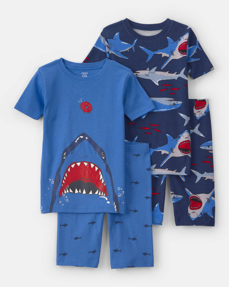 Boys Shark 100% Cotton Short-Sleeve Snug Fit 4-Piece Pajama Set - Blue, image 1 of 5 slides