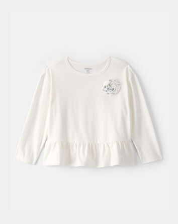 Toddler Girl Rose Applique Long-Sleeve Peplum Top - Ivory, 