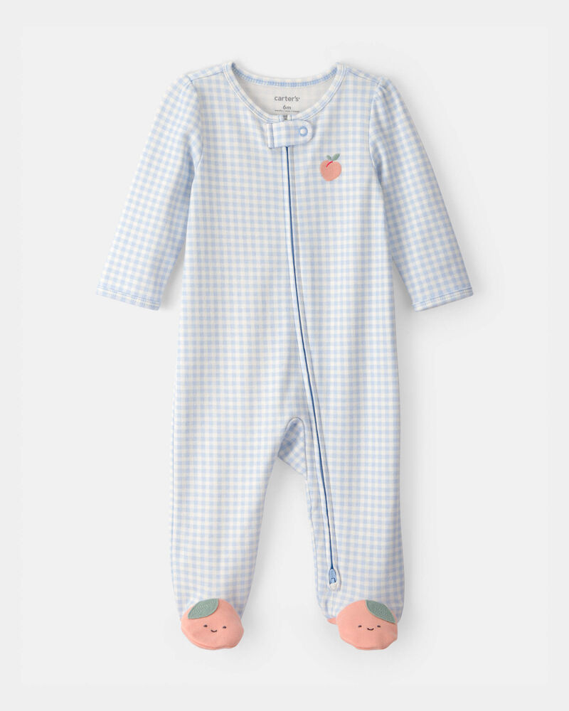 Baby Girl Peach Gingham 2-Way Zip 100% Cotton Sleep & Play Pajama - Blue, image 1 of 6 slides