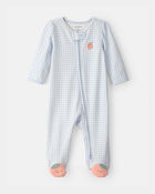 Baby Girl Peach Gingham 2-Way Zip 100% Cotton Sleep & Play Pajama - Blue, image 1 of 6 slides