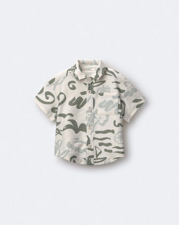 Toddler Boy Button-Down Short-Sleeve Shirt in Beach Print - Cream, 