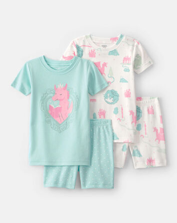 Toddler Girl Fairy Tale Dragon 100% Cotton Short-Sleeve Snug Fit 4-Piece Pajama Set - Blue/Ivory, 
