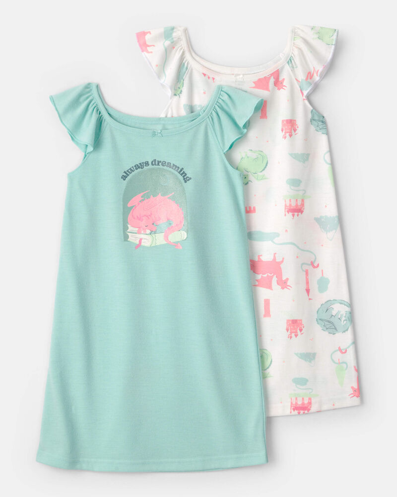 Girls 2-Pack Fairy Tale Dragon Loose Fit Night Gown - Blue/Ivory, image 1 of 5 slides