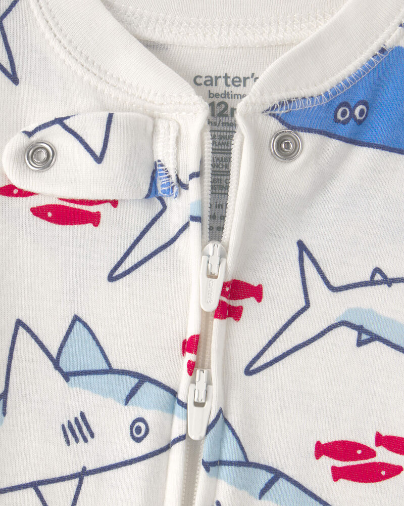 Baby Boy Shark 100% Cotton Snug Fit 1-Piece Pajama - Ivory/Blue, image 2 of 5 slides