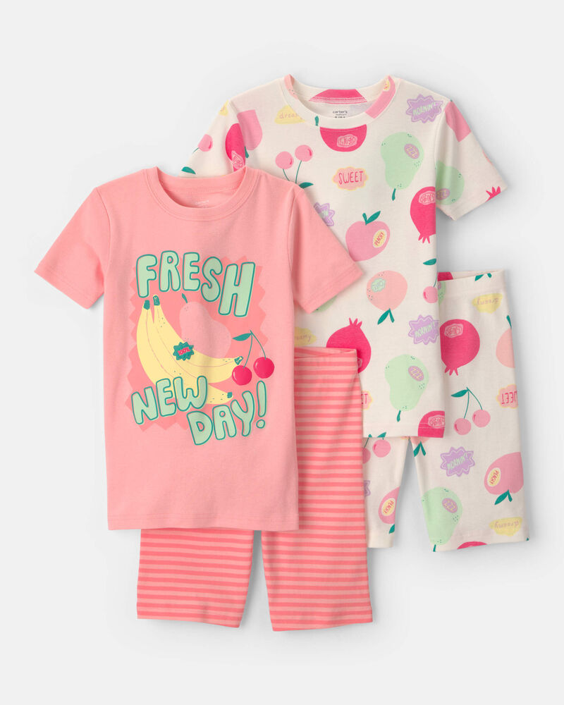 Girls Fruit 100% Cotton Short-Sleeve Snug Fit 4-Piece Pajama Set - Pink, image 1 of 5 slides
