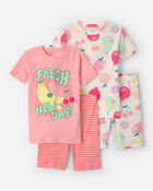 Girls Fruit 100% Cotton Short-Sleeve Snug Fit 4-Piece Pajama Set - Pink, image 1 of 5 slides