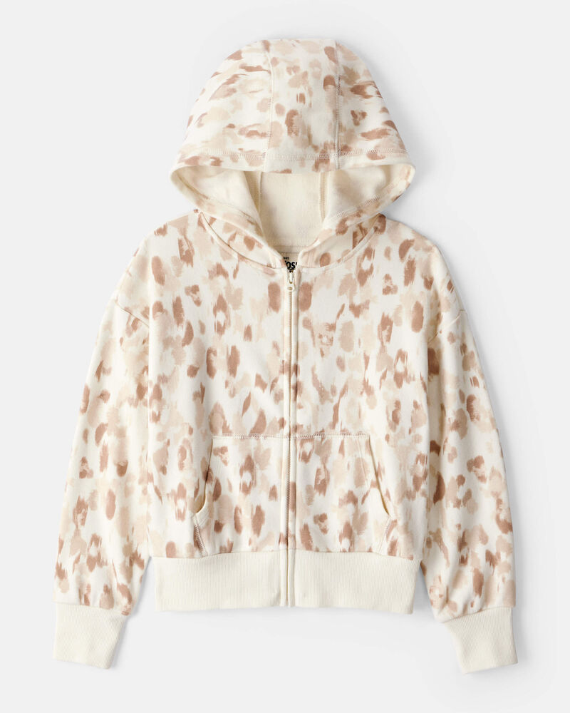 Girls  DayDream Fleece Leopard Print Hooded Zip-Up Jacket - Cream, image 1 of 3 slides