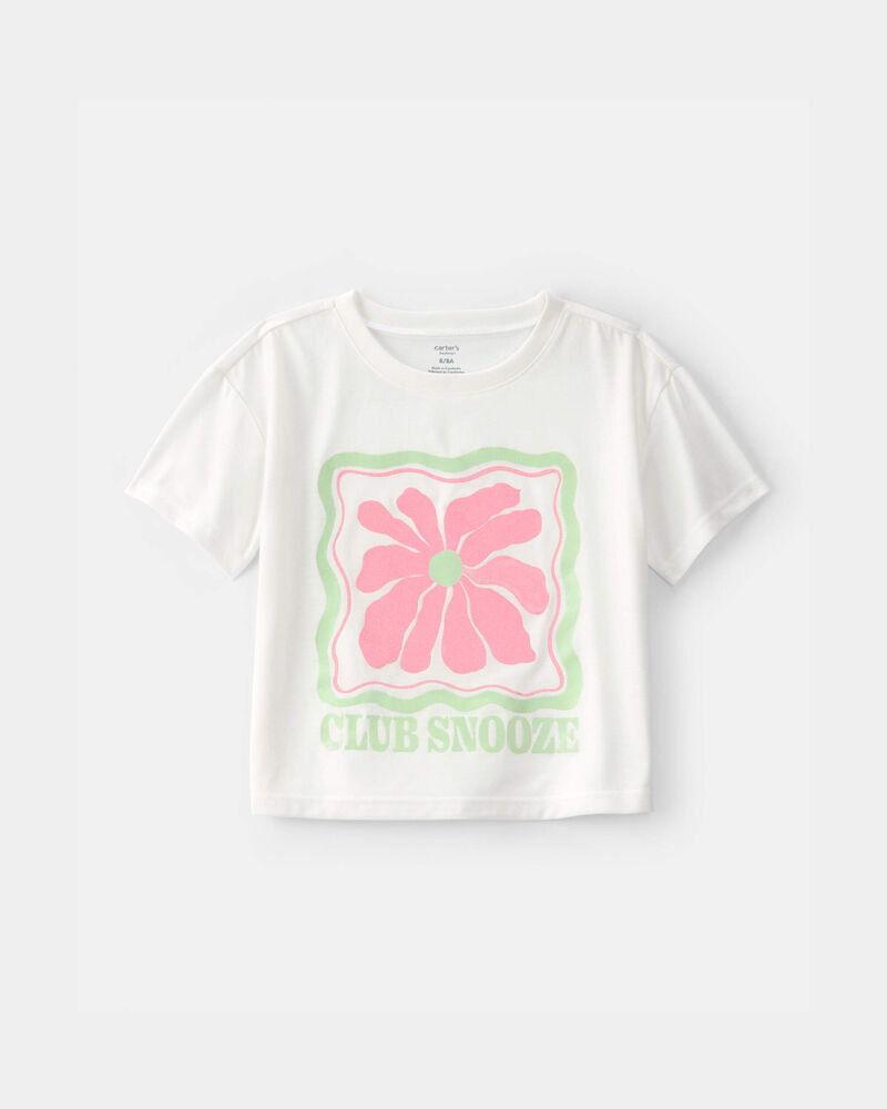 Girls 'Club Snooze' Flower Short-Sleeve Loose Fit 2-Piece Pajama Set - Ivory/Green, image 3 of 6 slides