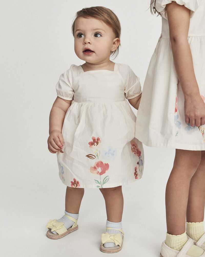 Baby Girl Puff Sleeve Floral Dress - Cream, image 2 of 7 slides