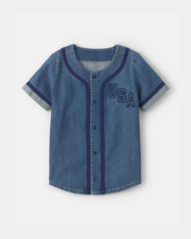 Boys 'USA' Denim Short-Sleeve Button-Down Shirt - Medium Wash, image 1 of 3 slides