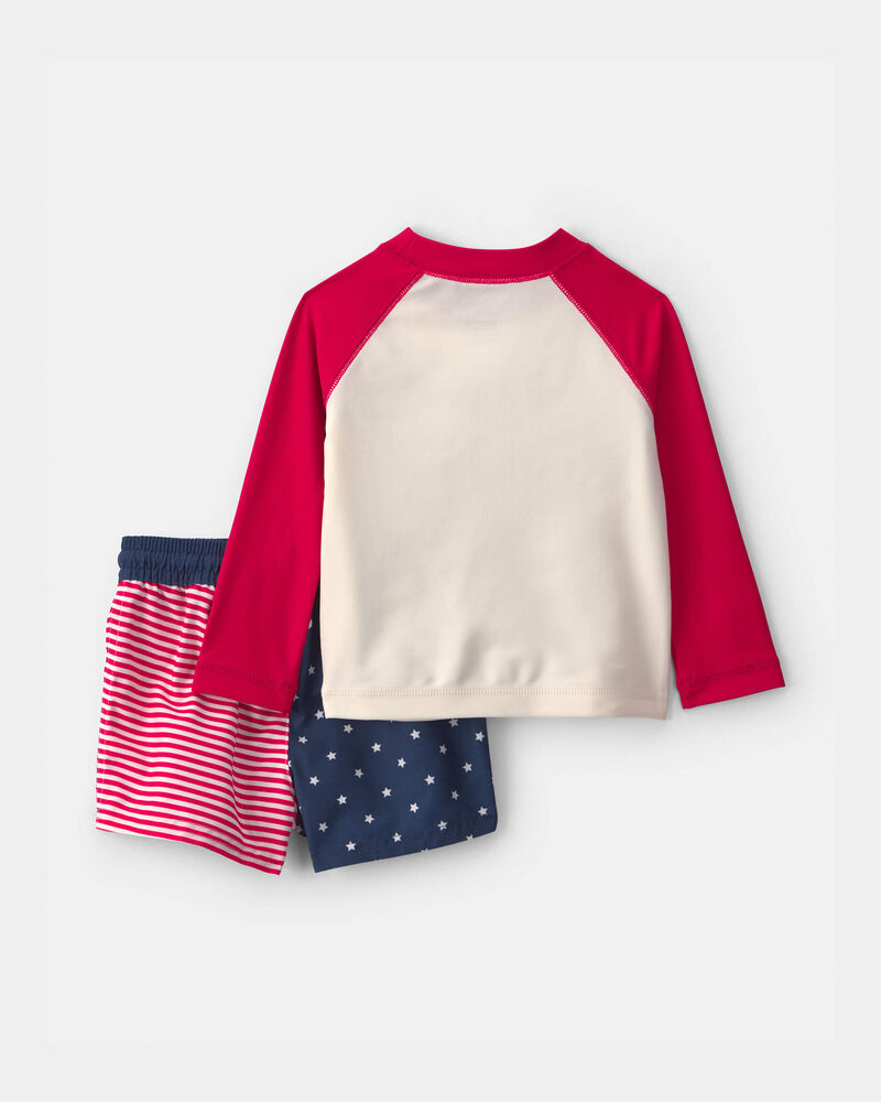 Baby Boy 2-Piece American Flag Rashguard Swimsuit Set - Red/White/Blue, image 2 of 5 slides