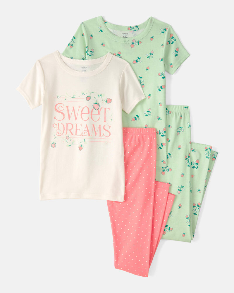 Girls Strawberry 100% Cotton Snug Fit 4-Piece Pajama Set - Green/Pink, image 1 of 5 slides