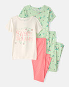 Girls Strawberry 100% Cotton Snug Fit 4-Piece Pajama Set - Green/Pink, image 1 of 5 slides