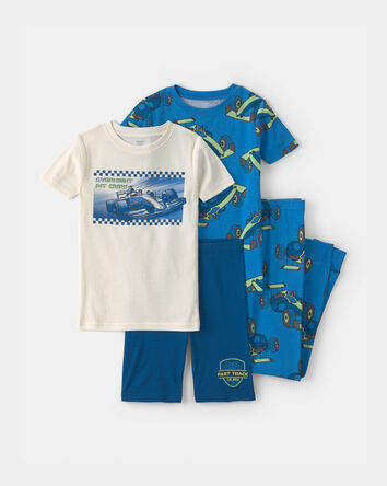 Boys Race Car 100% Cotton 4-Piece Pajama Set - Blue/White, 