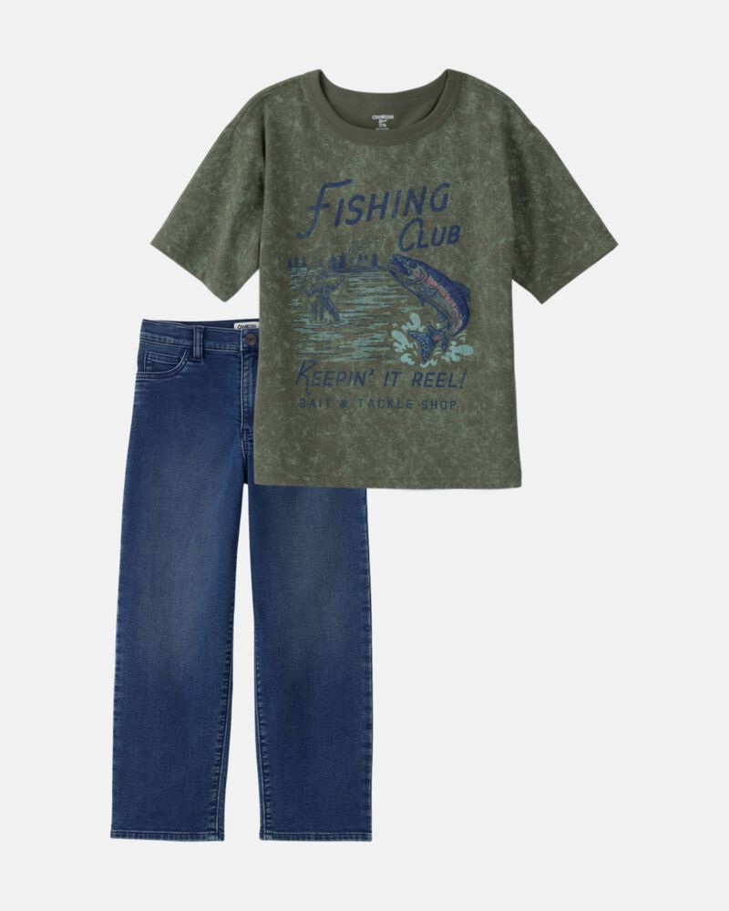 Boys 2-Piece Fishing Tee & Denim Jeans Set - Brown/Grey, image 1 of 7 slides