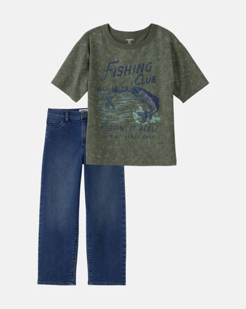 Boys 2-Piece Fishing Tee & Denim Jeans Set - Brown/Grey, 