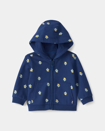 Baby Girl Floral French Terry Zip-Up Hoodie - Navy Blue, 