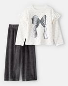 Toddler Girl Fleece Ruffle Sleeve Bow Top & Rib Pant Set - Grey/Cream, image 1 of 6 slides