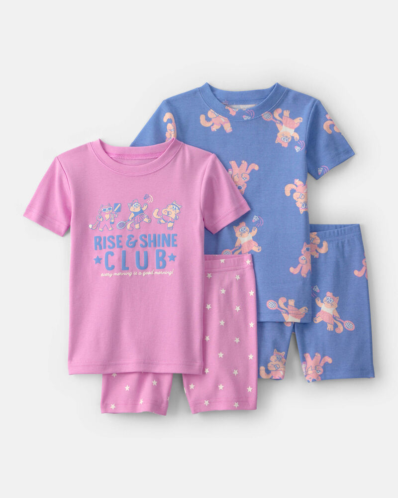 Toddler Girl Cat 100% Cotton Short-Sleeve Snug Fit 4-Piece Pajama Set - Purple/Blue, image 1 of 5 slides