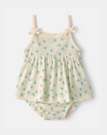 Baby Girl Floral Rib Sleeveless Bodysuit Dress - Cream, 
