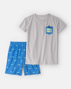 Boys Shark Short-Sleeve Loose Fit 2-Piece Pajama Set - Grey/Blue, image 1 of 4 slides