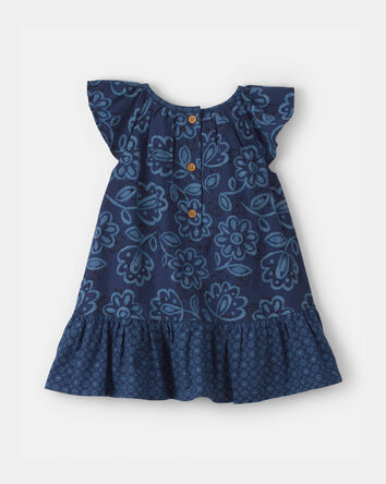 Baby Girl Ruffle-Sleeve Floral Linen Dress - Navy, 