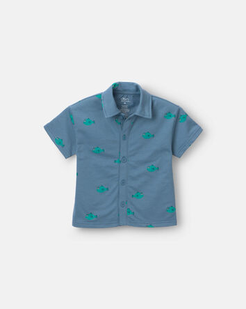 Toddler Boy Button-Down Short-Sleeve Shirt in Fish Print - Slate Blue, 