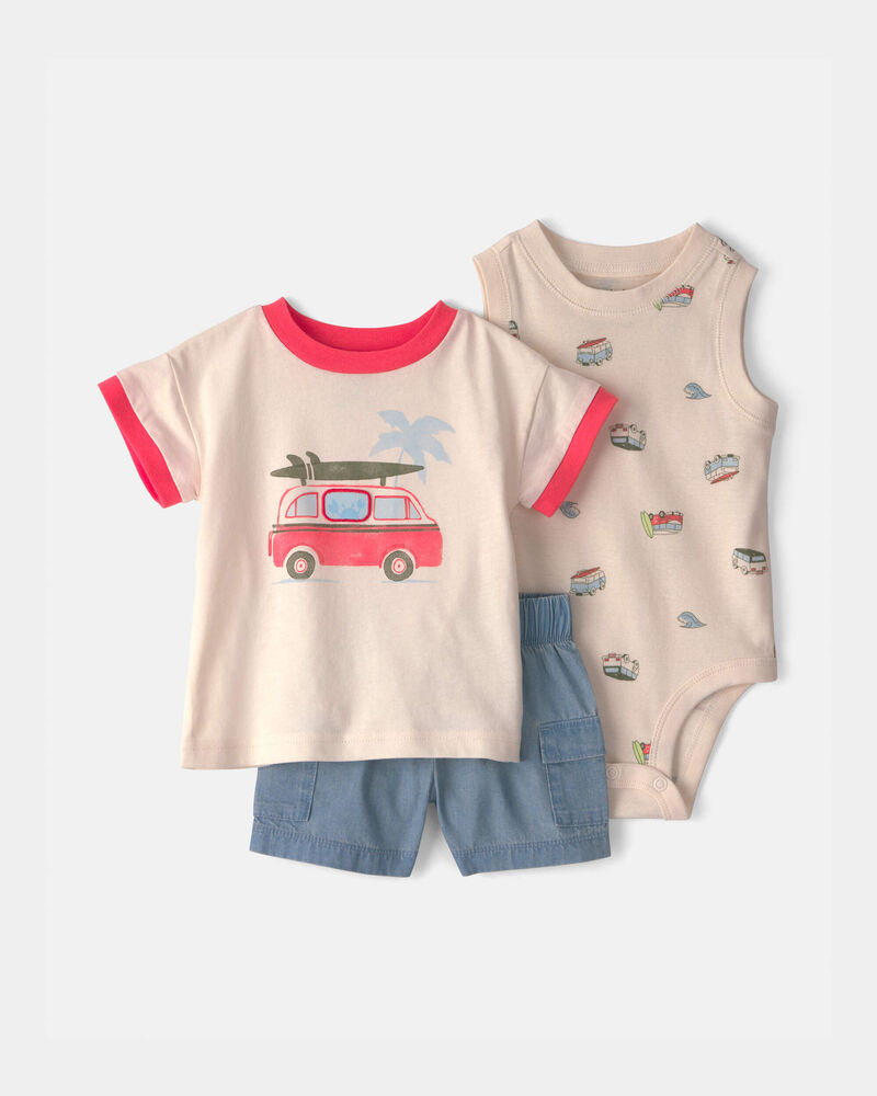Baby Boy 3-Piece Beach Surf Top, Bodysuit & Short Set, image 1 of 6 slides