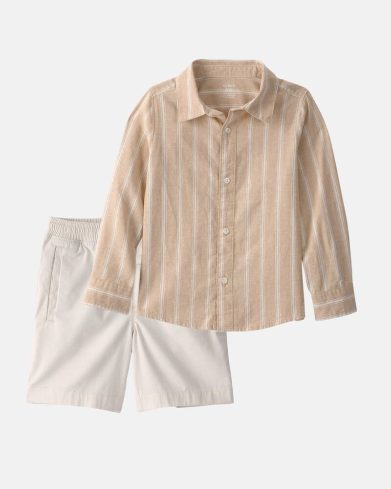 Boys 2-Piece Button-Down Shirt & Short Set - Brown/White, image 1 of 6 slides
