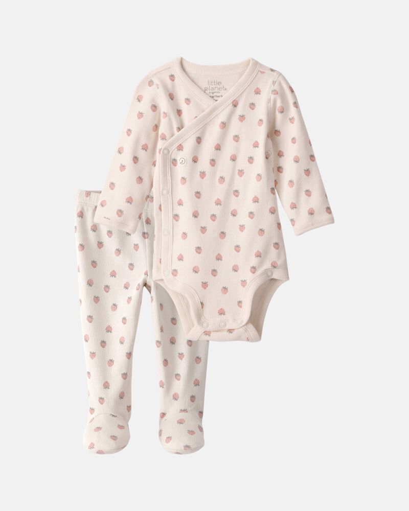 Baby Girl 2-Piece Organic Cotton Wrap Bodysuit & Pant Set in Strawberry Print, image 1 of 8 slides
