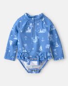 Baby Girl Sailboat Long-Sleeve 1-Piece Rashguard Swimsuit - Blue, image 2 of 5 slides