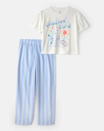 Girls 'Weekend Vibes' Striped Loose Fit 2-Piece Pajama Set - Blue/Ivory, 