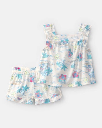 Toddler Girl Tropical Beach Sleeveless Loose Fit 2-Piece Pajama Set - Ivory/Green, 
