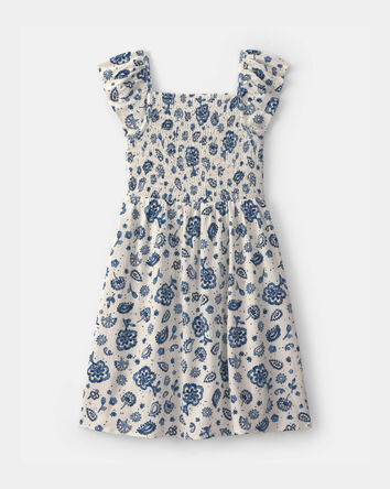 Girls Smocked Floral Dress - Blue/Ivory, 