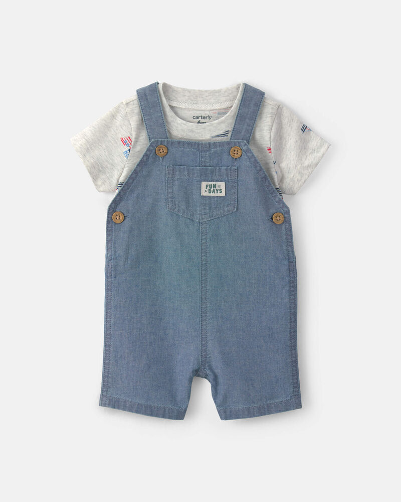 Baby Boy 2-Piece Chambray Boats Overall Set - Indigo/Grey, image 1 of 6 slides