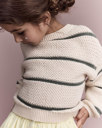 Toddler Girl Striped Balloon-Sleeve Sweater - Cream/Olive, 