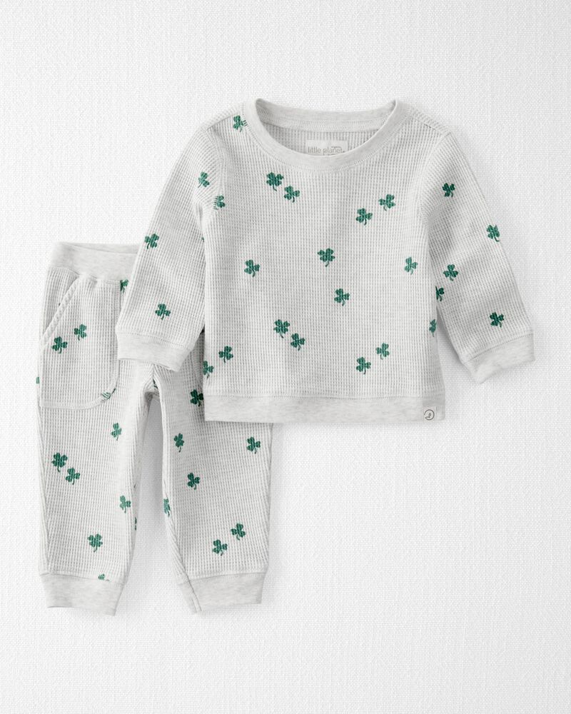 Baby 2-Piece Organic Cotton Thermal Knit Set in Lucky Clovers Print, image 1 of 4 slides