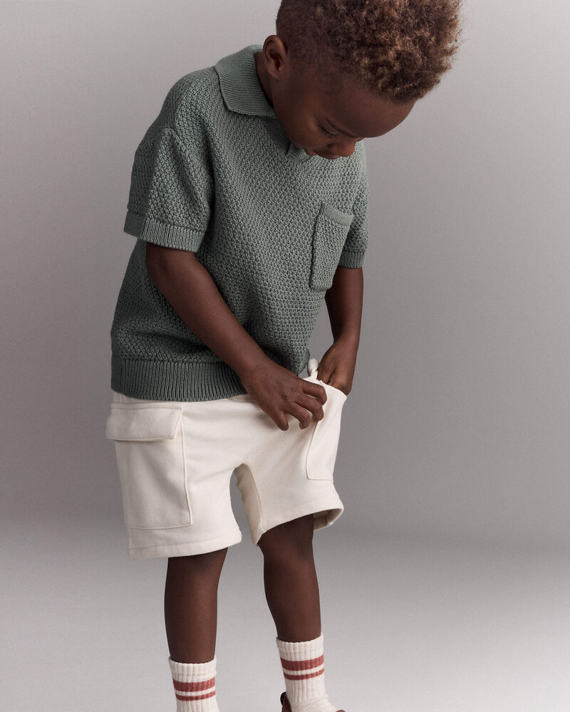 Toddler Boy French Terry Cargo Short with Pockets - Cream, image 1 of 7 slides