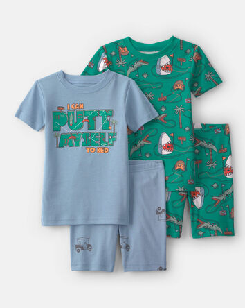 Toddler Boy Shark Golf 100% Cotton Short-Sleeve Snug Fit 4-Piece Pajama Set - Blue/Green, 