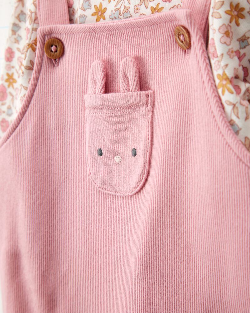 Baby Girl 2-Piece Floral Bunny Long-Sleeve Tee & Coverall Set - Pink, image 3 of 7 slides
