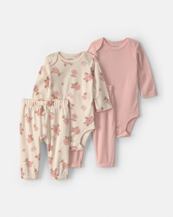 Baby Girl 4-Piece Floral Long-Sleeve Bodysuit & Pant Set - Pink/Ivory, 